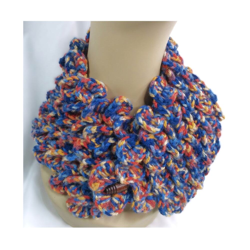 Handmade Crochet Cowl Scarf Dragonscale Pattern Wood Button Closure Multi Blue